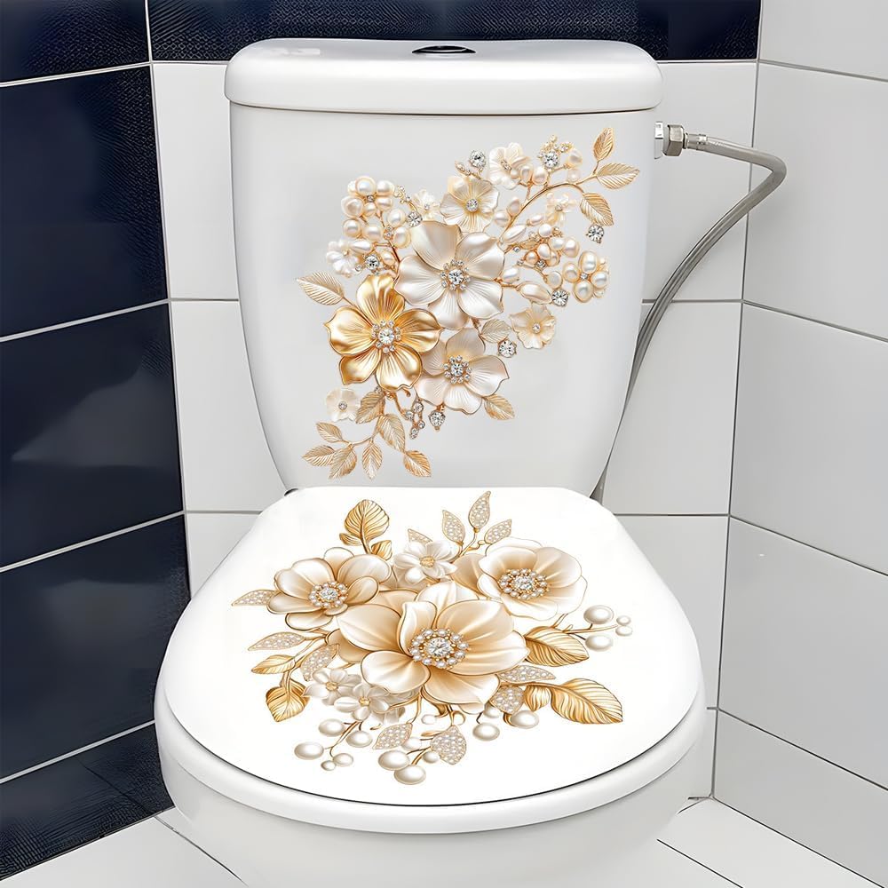 Golden Peony Flowers Toilet Cover Sticker Decals - Self-Adhesive Bathroom Wall Decor | Easy to Apply