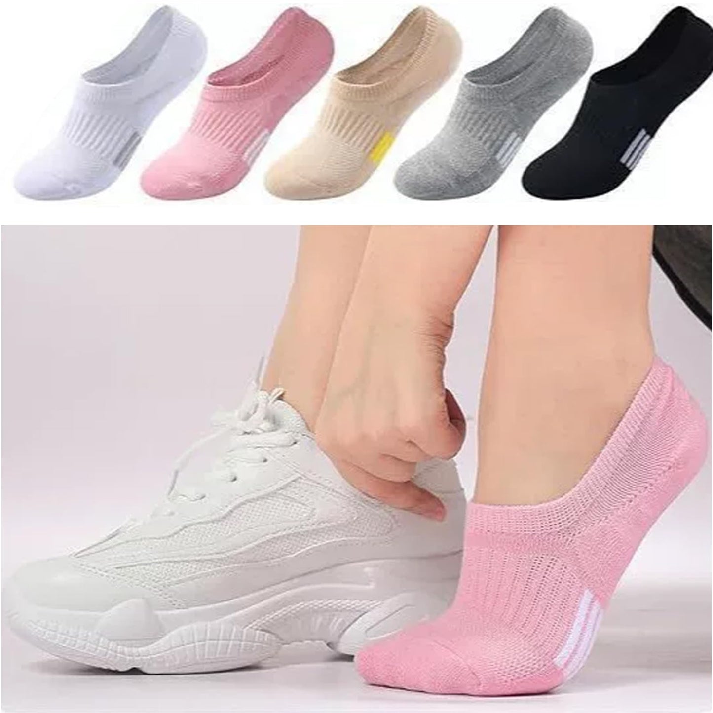 5 Pairs No Show Socks Womens Low Cut Non Slip Athletic Cotton Invisible Women Sock - US 6-9