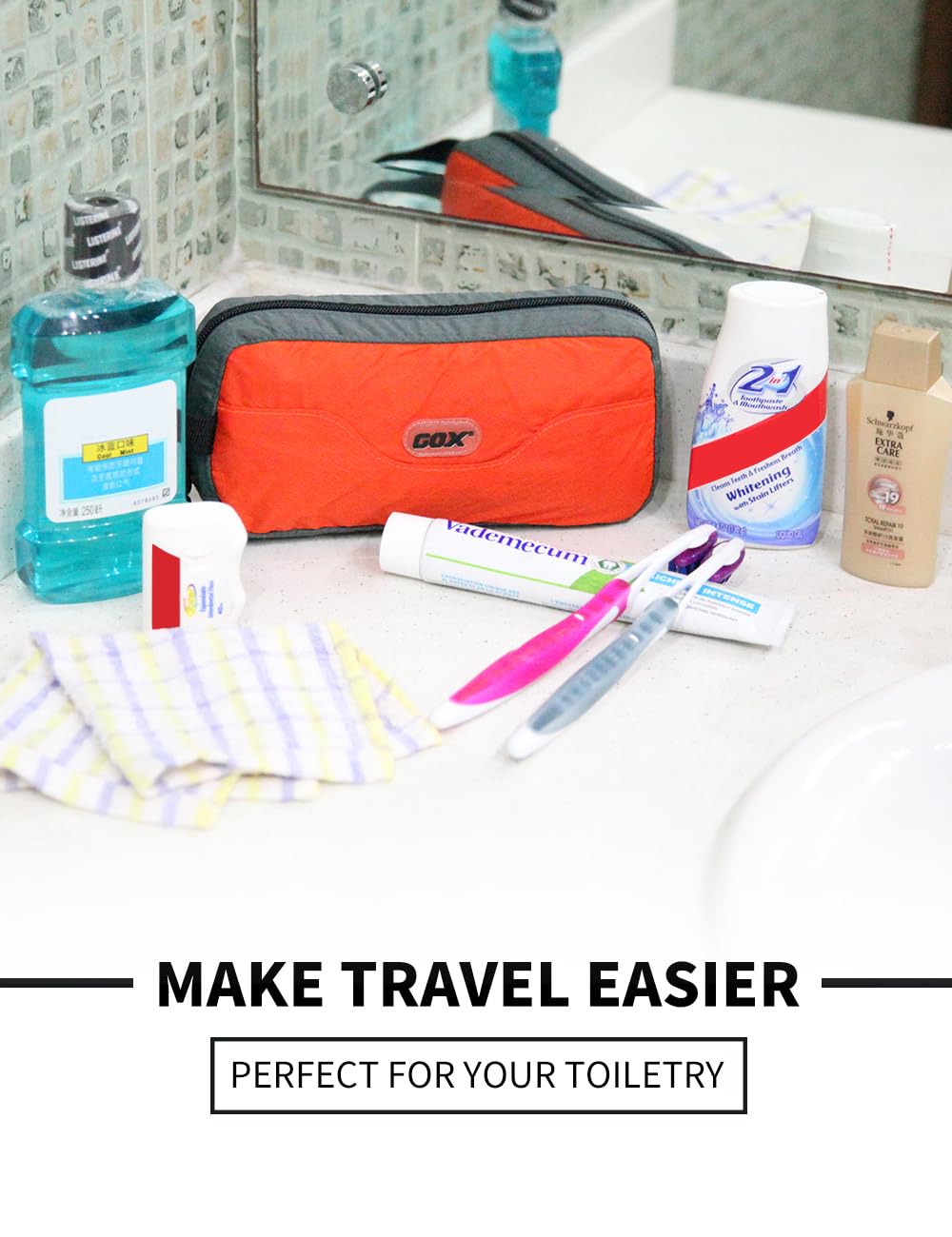 GOX Travel Small Toiletry Bag for Men Nylon Dopp Kit Medicine Bag Travel Organizer Pouch Shave Kits for Teens Toiletry Essentials Bathroom Compact (Orange, 7.9 * 3.7 * 2 Inches)