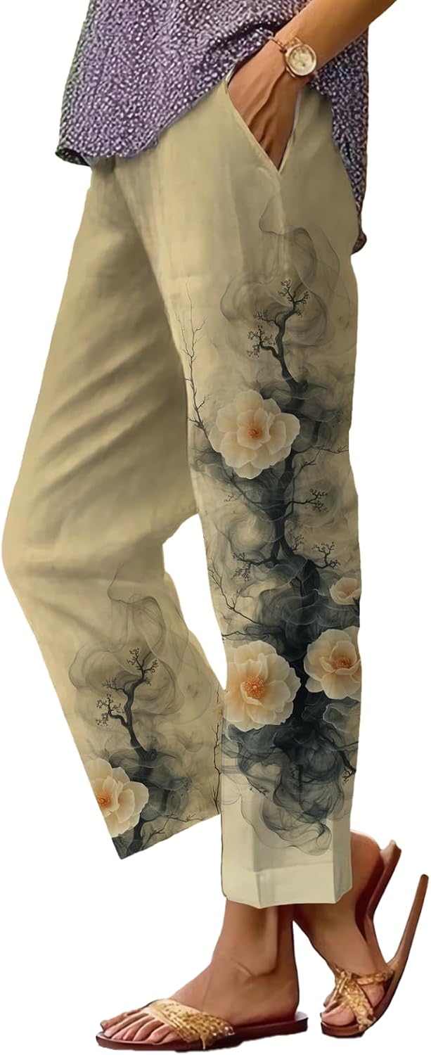 Women's Boho Floral Wide Leg Capris - Elastic Waist, Loose Fit Beach Pants | Casual Summer Trousers