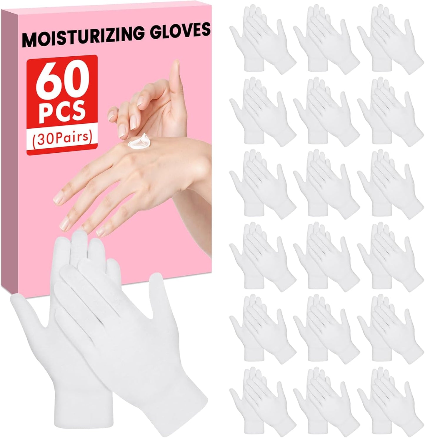 White Cotton Gloves for Dry Hands | Soft Moisturizing Overnight SPA Gloves for Eczema - 60 Pcs