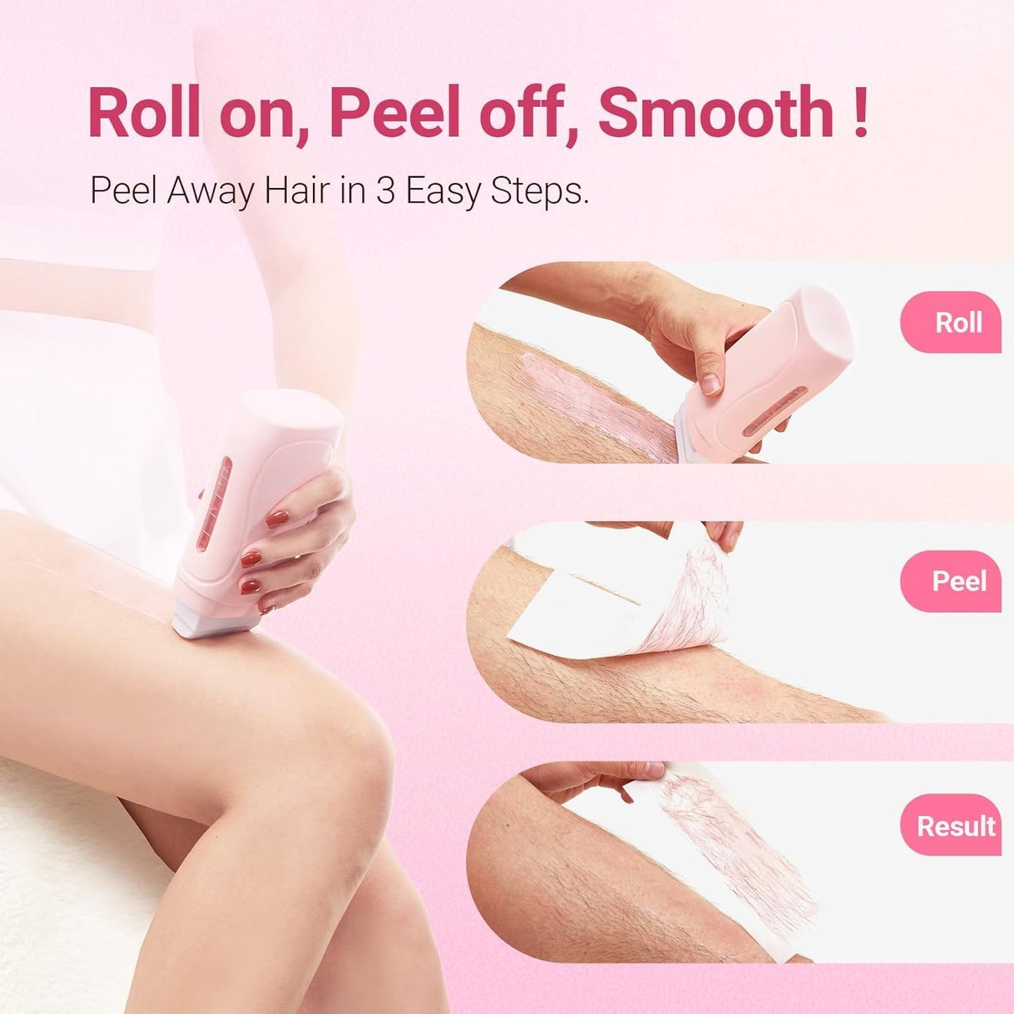 Waxpro Roll On Wax Kit for Women - Easy to Use - At-Home Hair Removal for Body (Arms & Legs) with 2 Wax Roller Cartridges & 50 Strips (Pink)