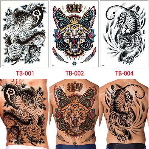 Glaryyears Full Back Realistic Tiger Temporary Tattoo - Large Waterproof Body Art