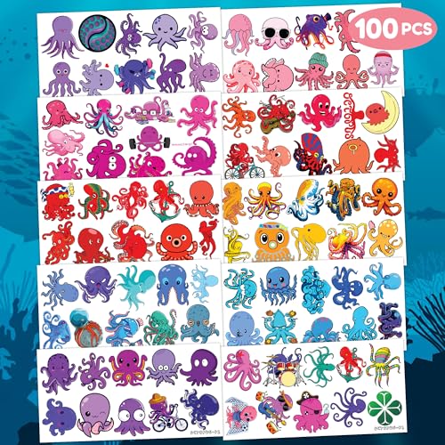 Octopus Themed Temporary Tattoos - 100pcs Waterproof Marine Stickers for Kids & Parties