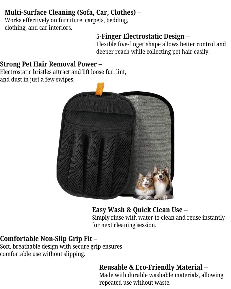 3pcs Large Pet Hair Removal Gloves for Cats | Electrostatic Magic Brush for Clothes, Beds, Sofa, Carpets | Fur Hero | Thickened Newly Upgraded | Fur Remover Mitt for Dogs, 2 Gloves + 1 Lint Scraper