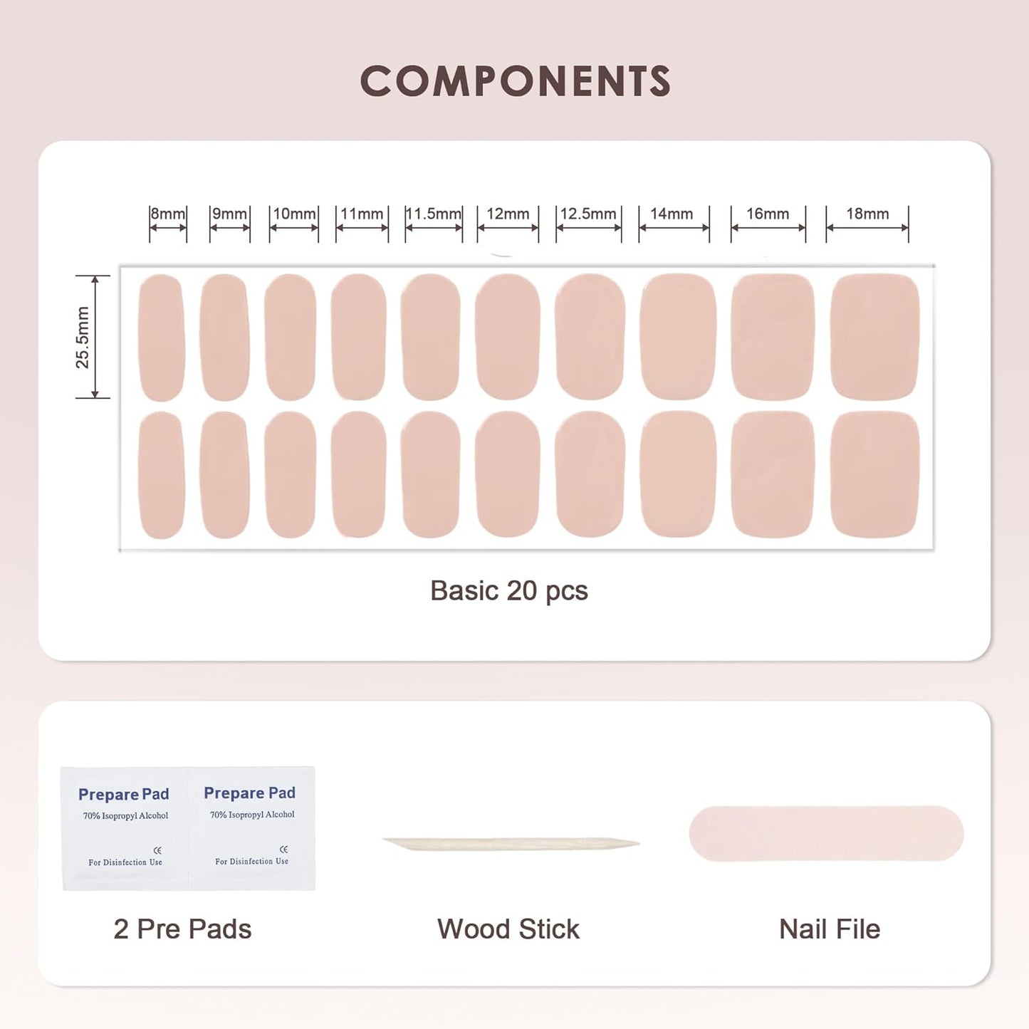 Gel Nail Strips - Long-Lasting Semi-Cured UV Polish Wraps | Easy Peel-Off, Hema-Free | 20-Piece Solid Nude Pink Kit with File