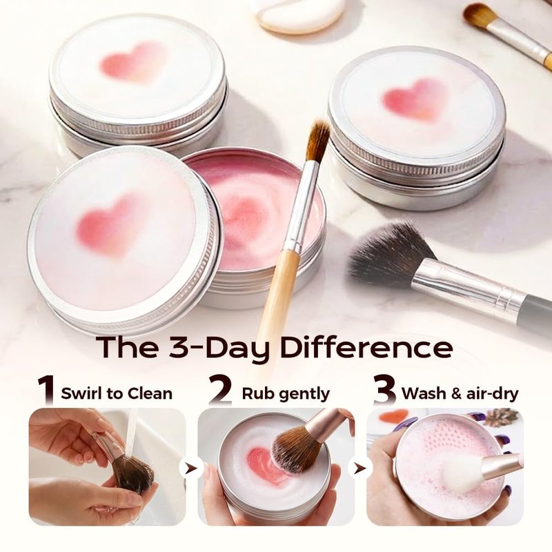 Makeup Brush Cleaner Soap - 2-in-1 Solid Balm with Silicone Cleaning Pad | Deep Clean Waterproof Makeup for All Brushes & Sponges (Heart 100g)