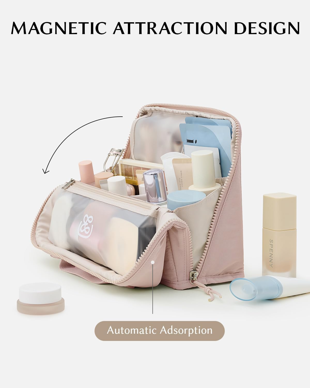 Large Waterproof Makeup Bag - Standing Cosmetic Organizer with Phone Holder & Detachable Dividers | Wipe-Clean Brush Pouch for Women