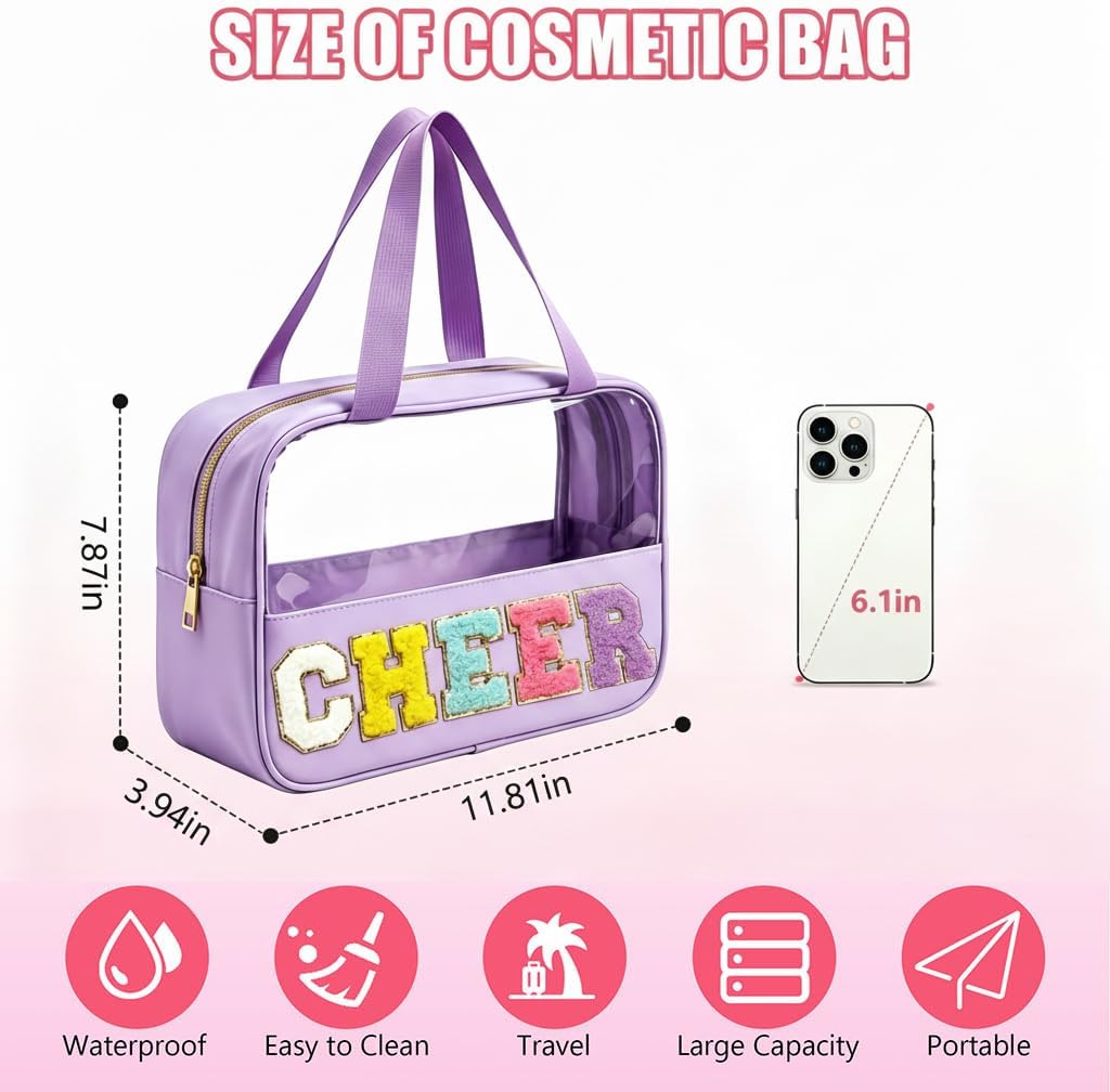 Cheer Makeup Bag - Chenille Letter Patch Clear Cosmetic Organizer | Waterproof Nylon Travel Toiletry Bag for Cheerleaders