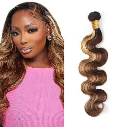 4/27 Human Hair Bundles Ombre Human Hair Bundles Highlight Brown Body Wave Bundle 4/27 Brown Body Wave Bundle LadrXadr 100g 14 Inch