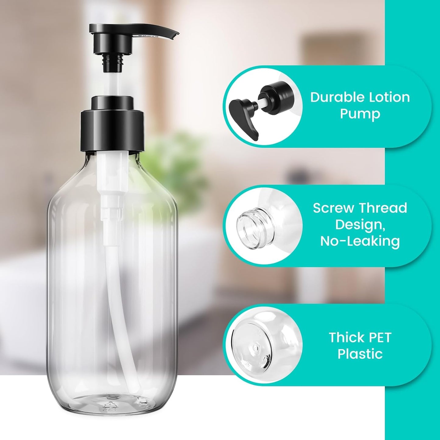 Clear Pump Bottle Dispenser - 300ml/10oz BPA-Free Plastic | 2 Pack Refillable Liquid Soap Containers for Essential Oils, Shampoo, Lotion