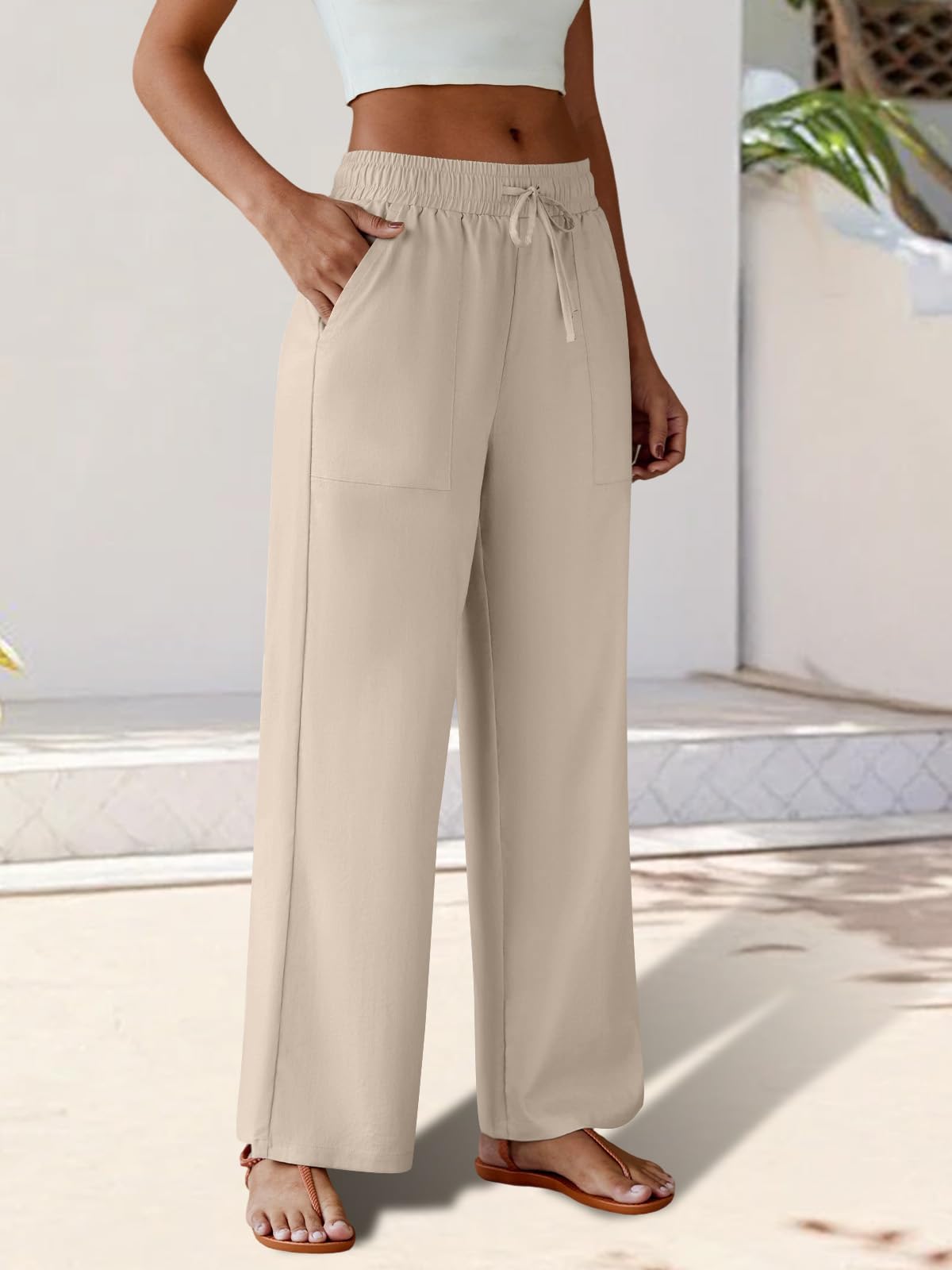FireSwan Womens Linen Palazzo Pants Wide Leg Drawstring Casual Flowy Pants Summer Beach Trousers with Pockets