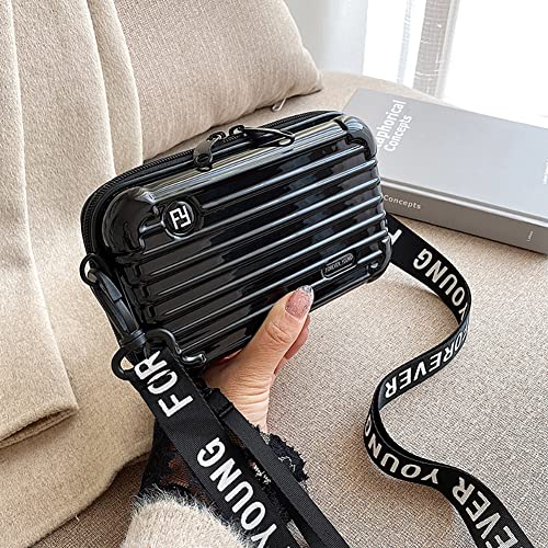 OXYPLAY Black PVC Hard Shell Travel Luggage & Makeup Bag with Alphabet Strap