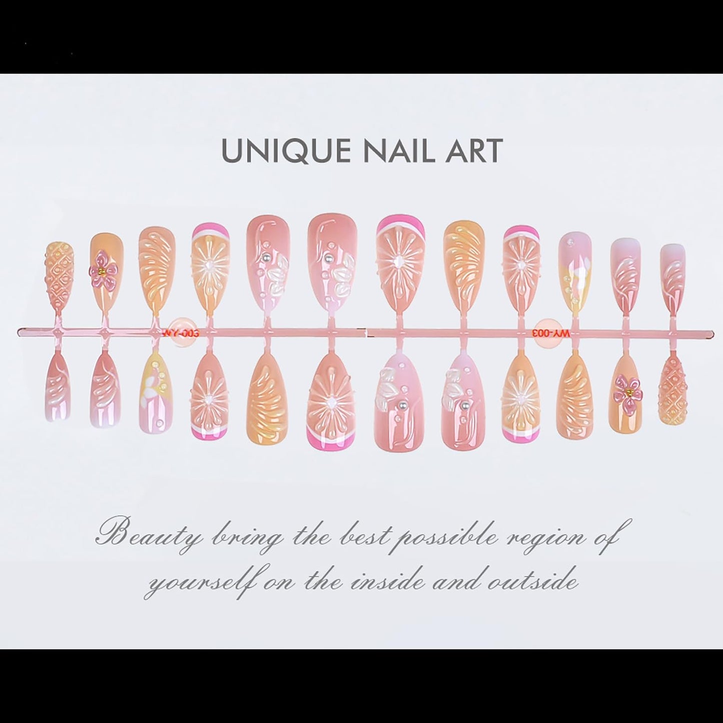 24Pcs Summer Press-On Nails - Medium Almond 3D Lemon Flower Acrylic with Gold Beads | Cute Floral Full Cover