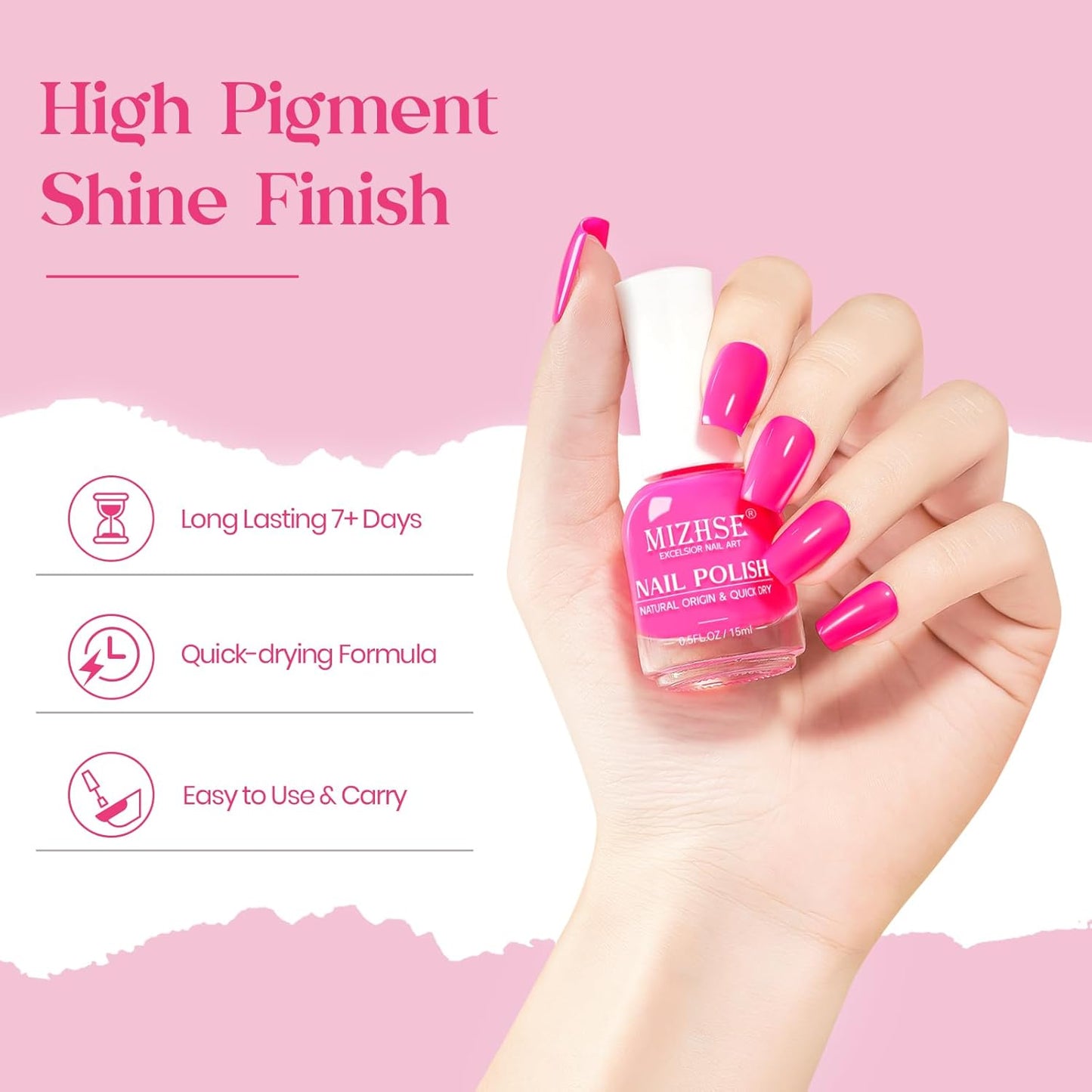 MIZHSE Quick Dry Hot Pink Nail Polish - Non-Gel Air Drying, 15ml Glossy Finish for DIY Manicure