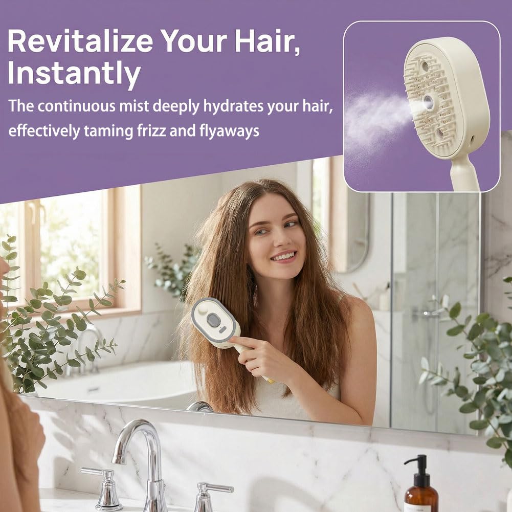 Electric Spray Air Cushion Massage Comb - 3-in-1 Rechargeable Steam Hair Brush, Detangling and Anti-Static Water Mist Brush for Frizz Reduction and Scalp Care (Beige)