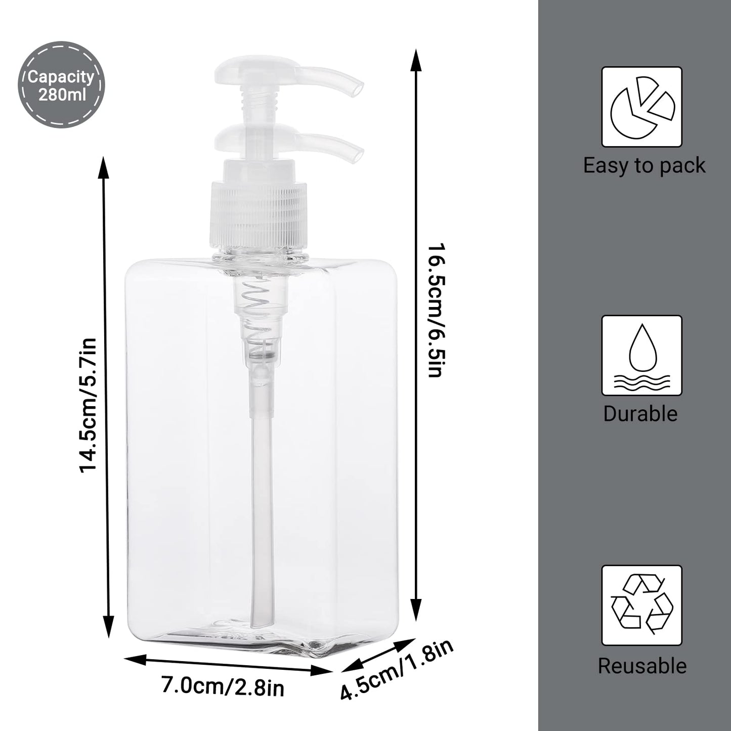 Suream Refillable Shampoo and Conditioner Bottles, 9.5oz/280ml Clear Plastic Pump Dispensers for Shower, Square Empty Bathroom Bottle for Body Wash, Essential Oil, Soap Liquid, Lotion, 3Pack