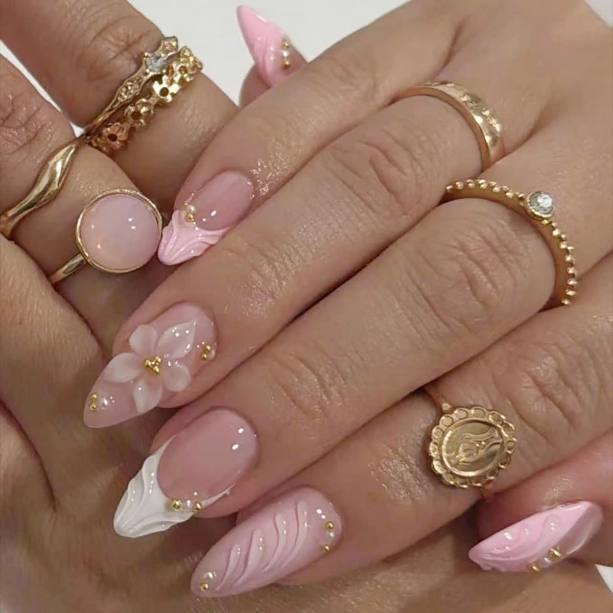 Press-On Nails - 24Pcs Pink Floral Almond French Tips with Gold Beads | Full Cover Artificial Acrylic for Women