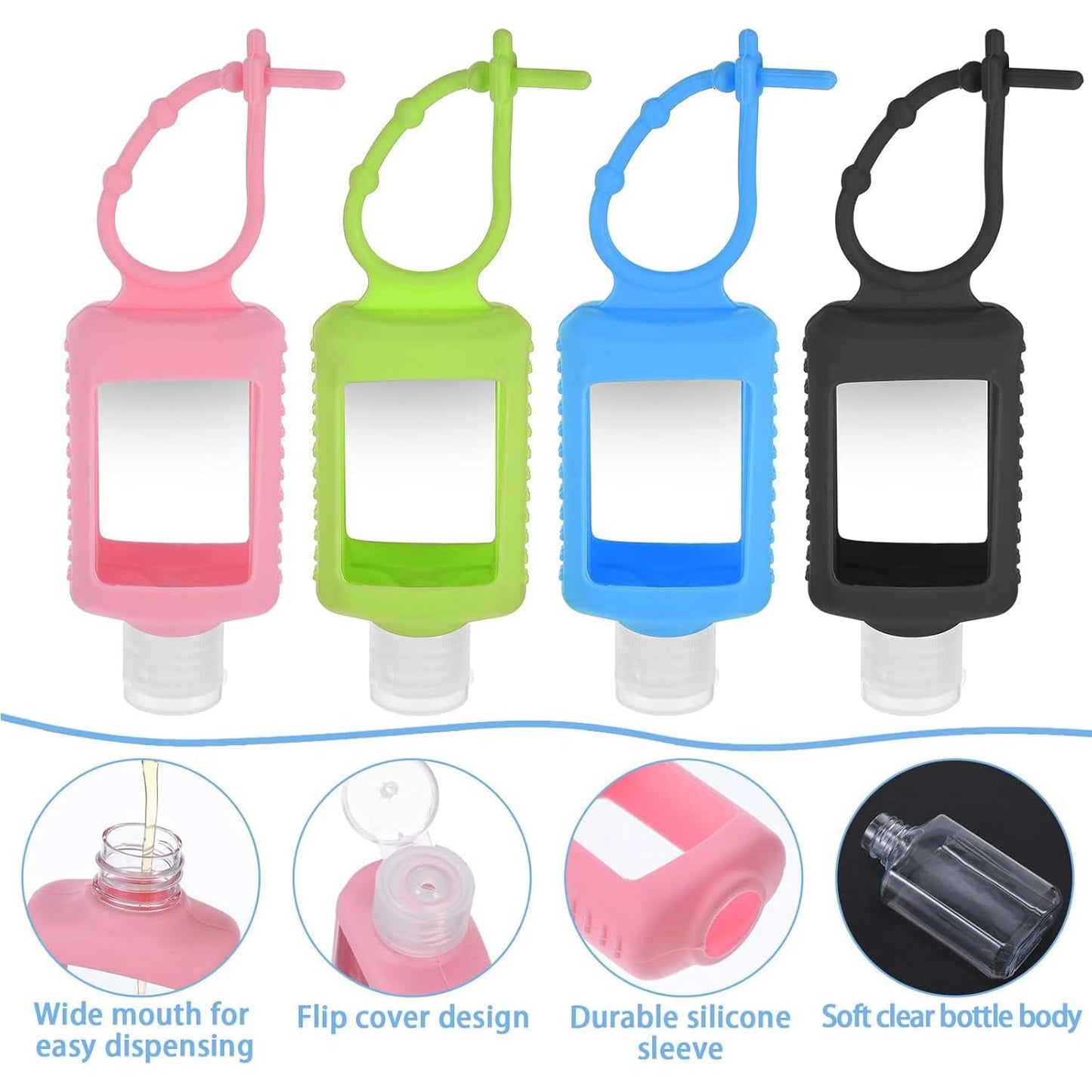 Mezeic 4 Pack Travel Bottles, Hand Sanitizer Holder Empty Travel Size 2oz/60ml Leakproof Refillable Containers Portable Keychain Bottles with Detachable Silicone Case