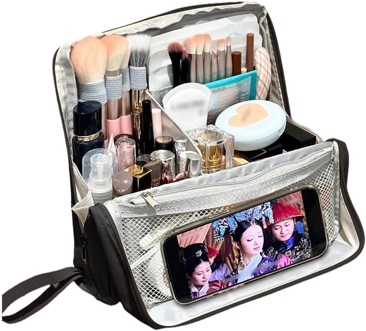 Compact Makeup Bag - Waterproof Cosmetic Organizer with Divider & Brush Holder | Portable Travel Case in Black
