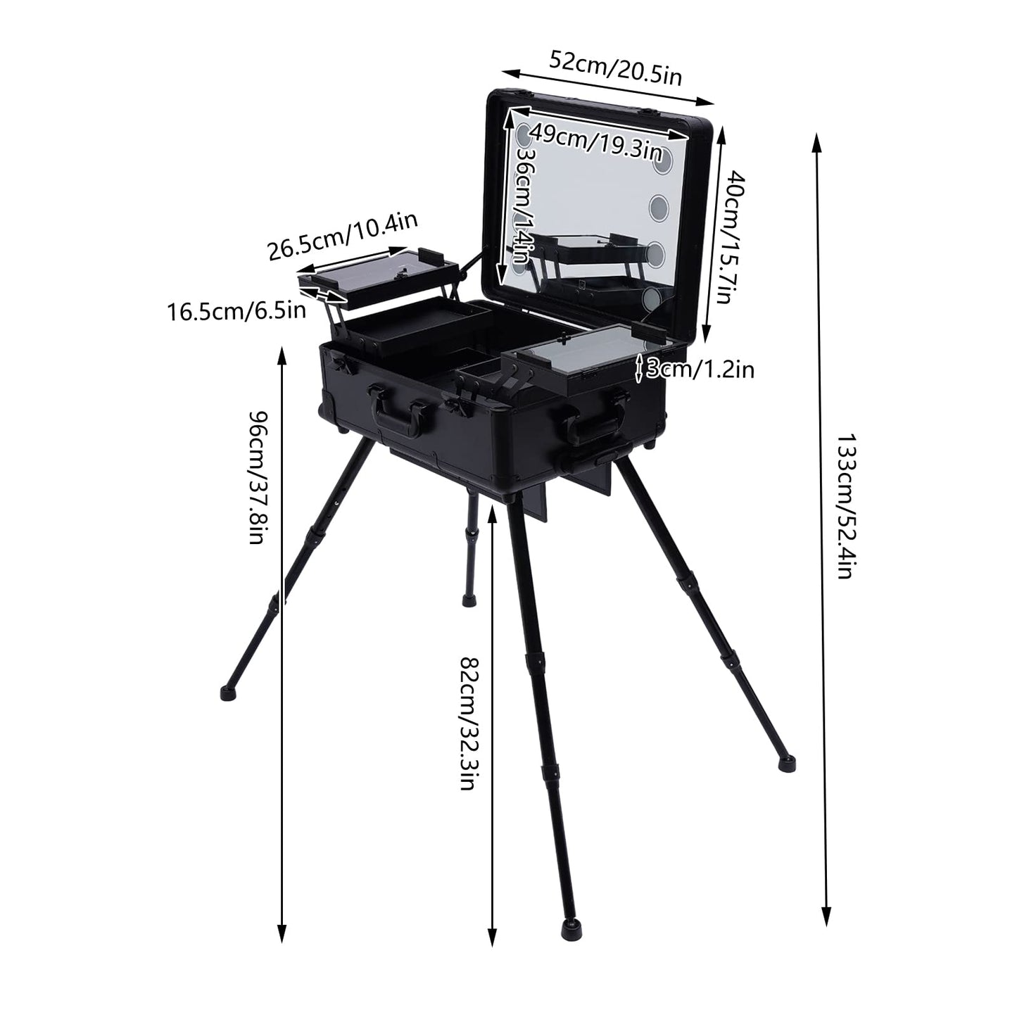 YIYIBYUS Make-Up Case, 3-Tiers Cosmetic Train Case With Light & Mirror & 4 Rolling Wheels Professional Makeup Artist Travel Cases Bag Adjustable Legs Make Up Station for Make-up Artists, Hairdressers