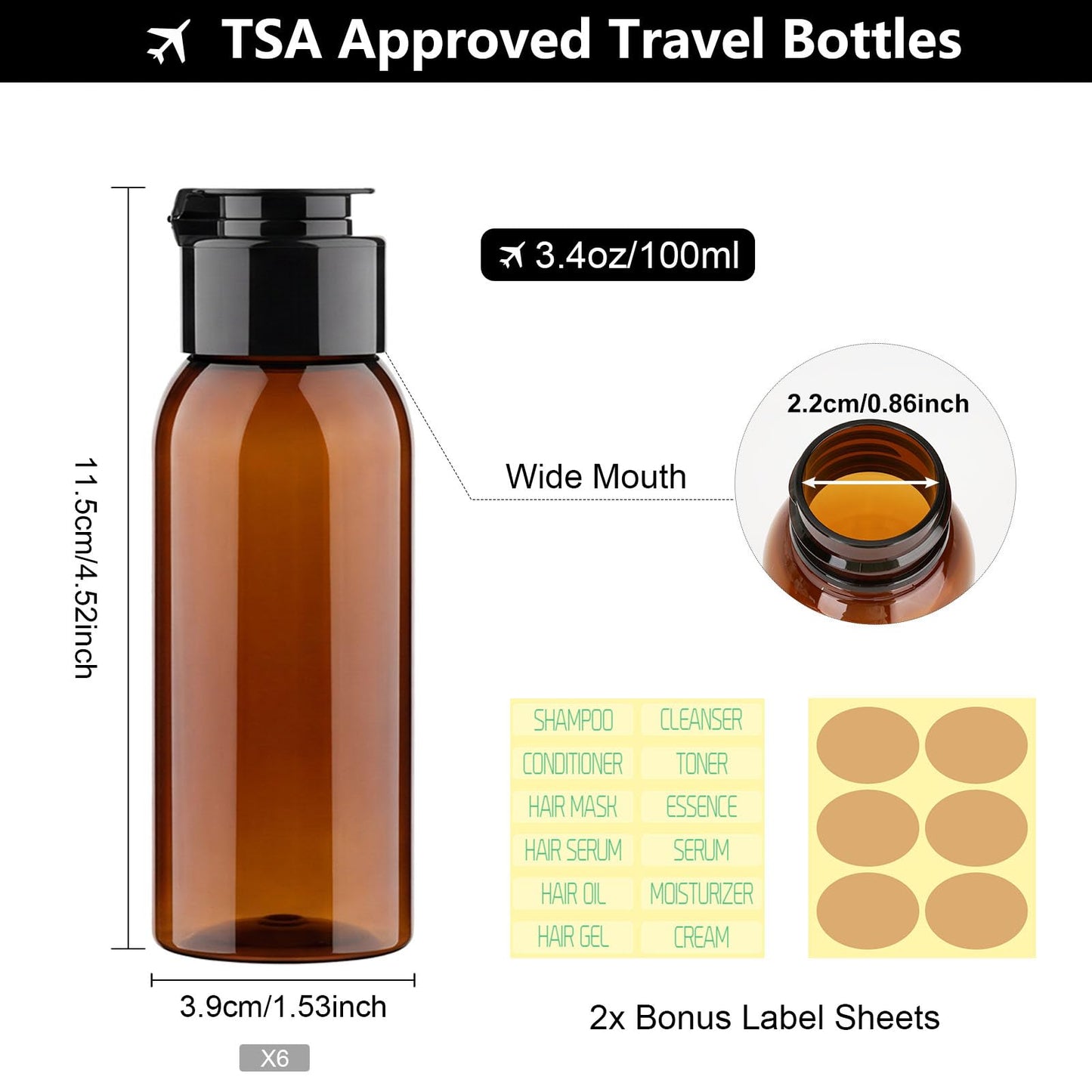 Decorniqu 6 Pack 3.4oz Travel Bottles for Toiletries Leak Proof Travel Size Toiletries Wide Mouth Containers TSA Approved Squeeze Bottles with Flip Cap for Shampoo Conditioner Body Wash Lotion(Brown)