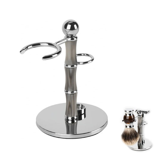 Linkidea Stainless Steel Razor Stand and Brush Holder with Non-Slip Base, Creative Bamboo Style Safety Shaver Organizer Compatible with Vikings Blade Chieftain, Odin (Grey)