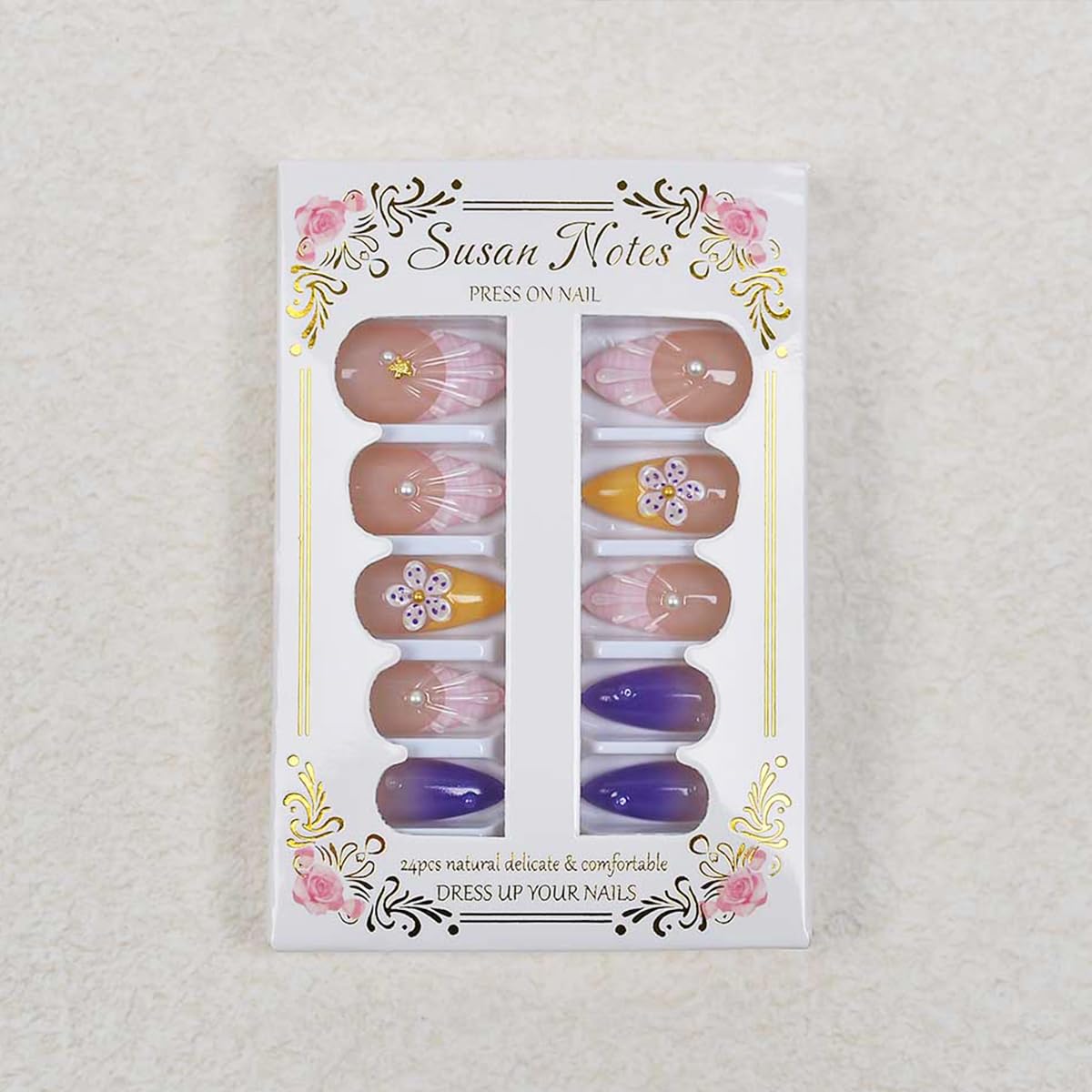 24Pcs Flower Press on Nails Medium Almond Fake Nails Spring Summer Full Cover Glue on Nail French Tip False Nails With Gold Bead Starfish Shell Designs Cute Floral Stick on Nail for Women Acrylic Set