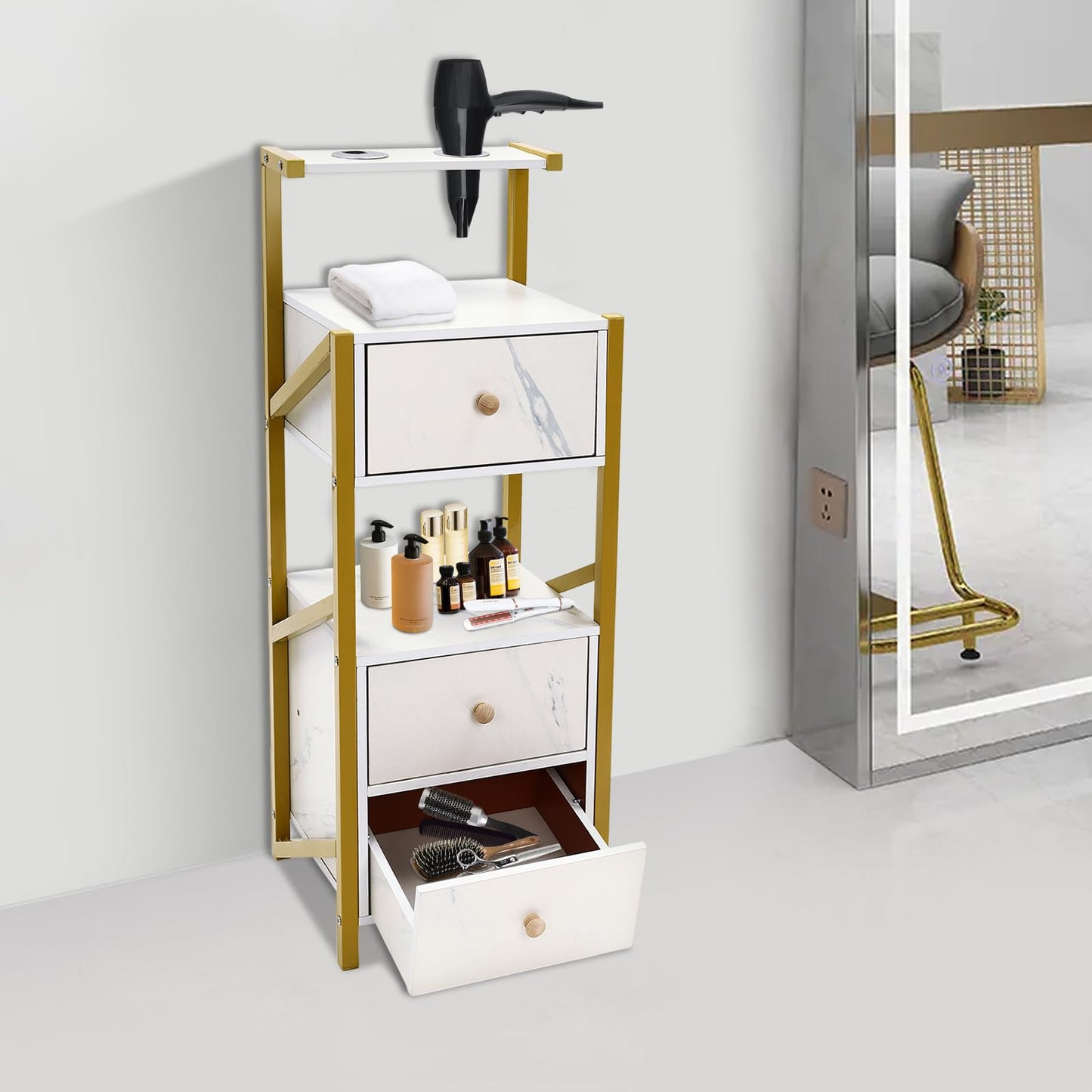Beauty Salon Station Barber Stations w/Drawer, Makeup Storage w/Hair Dryer Holder Organizer Equipment for Barber-Stores