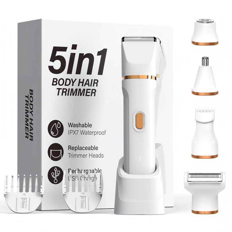 5-in-1 Bikini Trimmer for Women, Electric Razors Shaver IPX7 Waterproof, Cordless Body Hair Trimmer, Ceramic Blade, Facial & Pubic Hair Removal, Travel Portable (White)