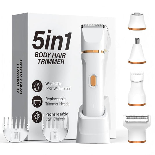 5-in-1 Bikini Trimmer for Women, Electric Razors Shaver IPX7 Waterproof, Cordless Body Hair Trimmer, Ceramic Blade, Facial & Pubic Hair Removal, Travel Portable (White)