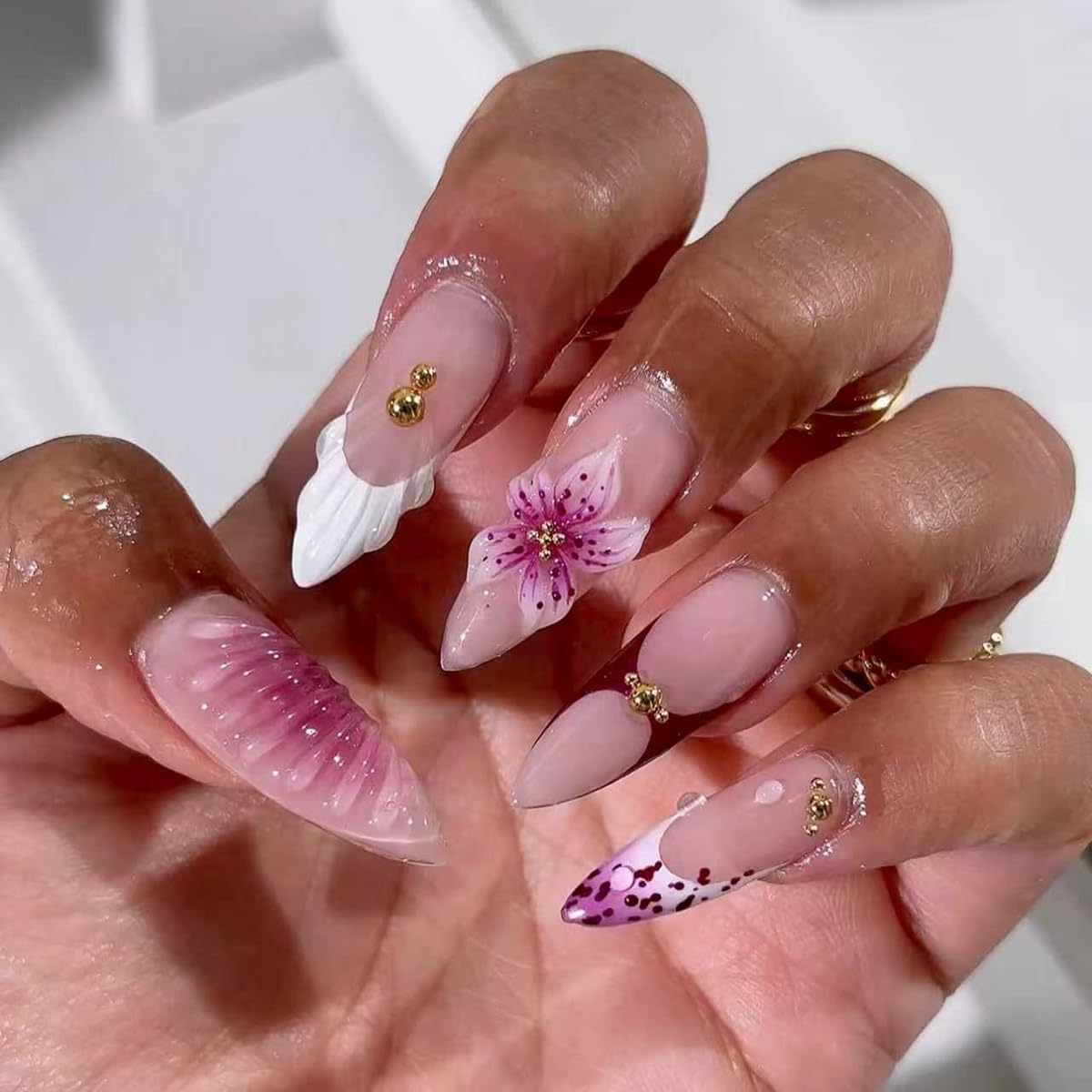 French Tip Almond Press-On Nails - Cat's Eye Acrylic with 3D Charms | 24 Pcs Set