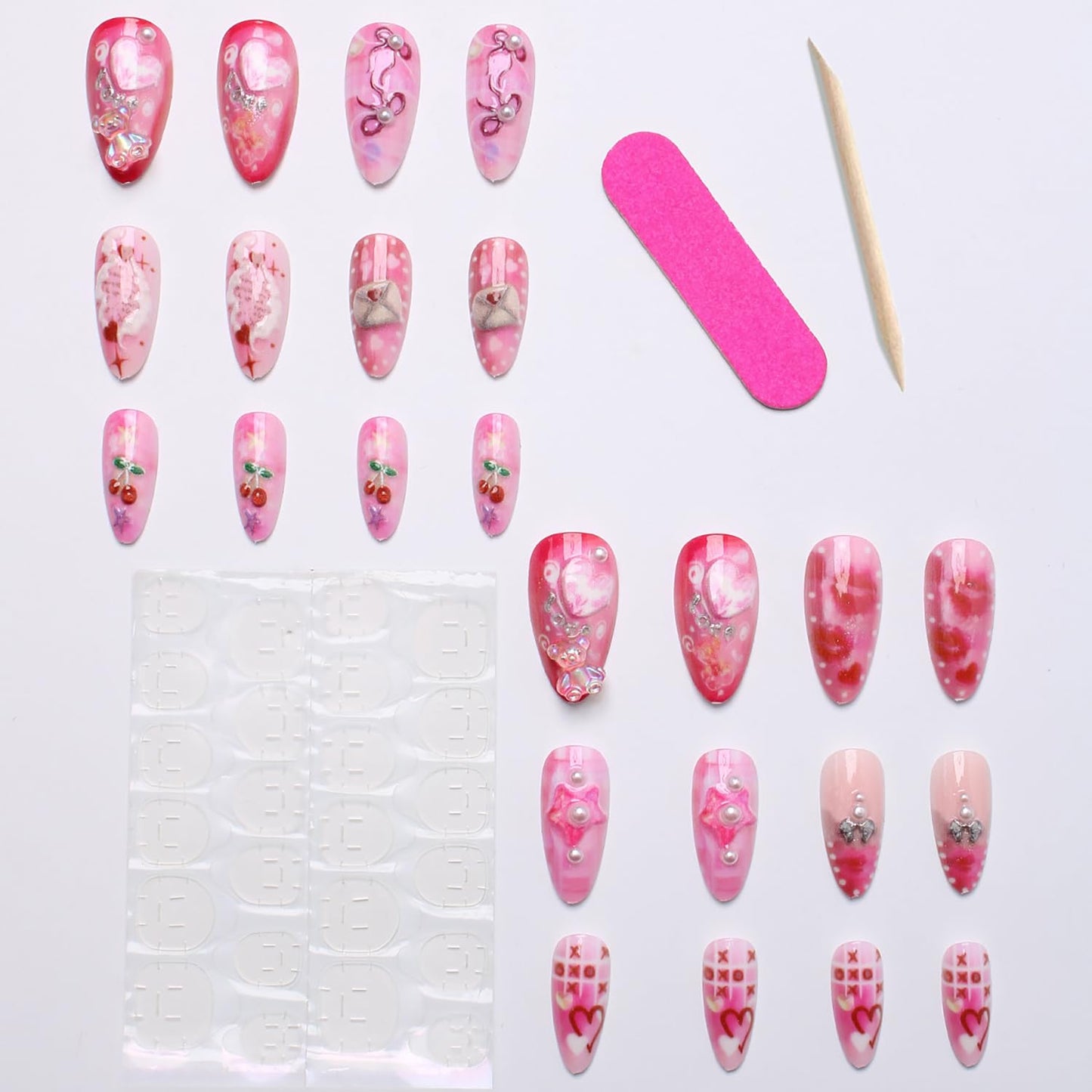 24Pcs Valentines Press on Nails Medium Almond Fake Nails with 3D Hearts Bear Pearl Designs Valentine Red Lips Acrylic Nails XOXO Cherry Bow False Nail Romantic Heart Full Cover Glue on Nails for Women