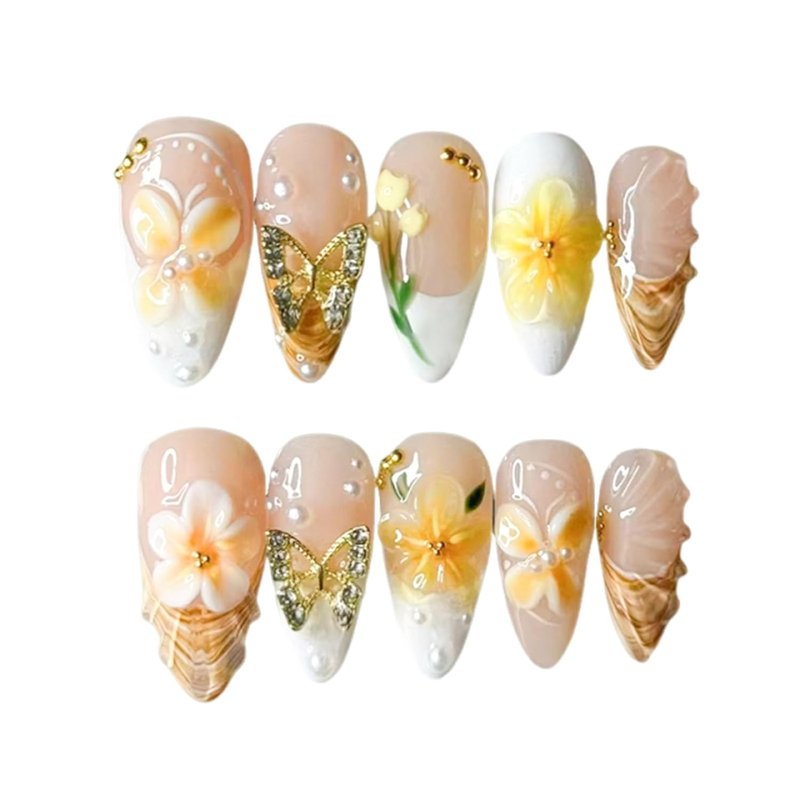 Handmade Press-On Nails - 24Pcs Almond Medium Fake Nails with Pearl Gold Beads & 3D Butterfly Design | Yellow Spring Summer