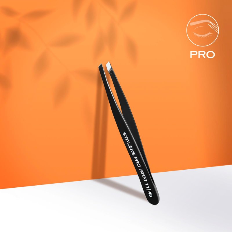 STALEKS PRO Expert 11 Type 4b Professional Eyebrow Tweezers (Black) – Narrow Beveled Stainless Steel for Fine, Thin Brows & Precise Hair Removal
