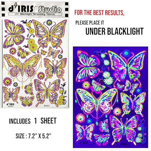 d'IRIS Studio Glow in the Dark Temporary Tattoos Butterfly Body Art for Raves & Festivals