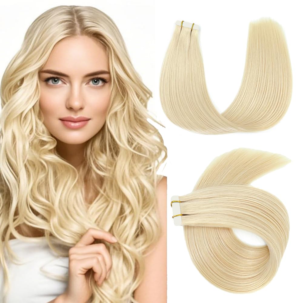 #613 Blonde Tape in Extensions Human Hair 24 Inch 613 Straight Tape in Seamless Extensions Real Human Hair Skin Weft Seamless Invisible Remy Hair 40g 10Pcs.