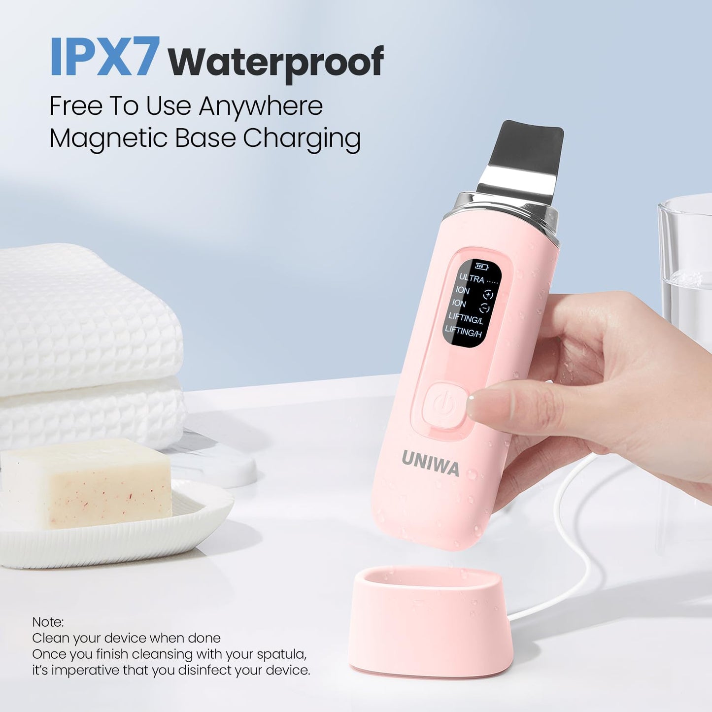 UNIWA Skin Scrubber Face Spatula, Skin Scrubber Pore Cleaner Blackhead Remover Tool for Deep Facial Cleansing - 4 Modes, Face Spatula with USB Charger, LCD Display, IPX7 Waterproof -Pink