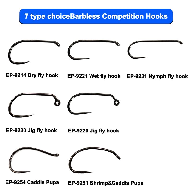 Eupheng 100pcs Plus Best Barbless Competition Fly Fishing Hook Collection - Dry Nymph Strimp&Pupa, Pupa Jig Hooks, High Carbon (Dry Hook EP-9214, 16#)