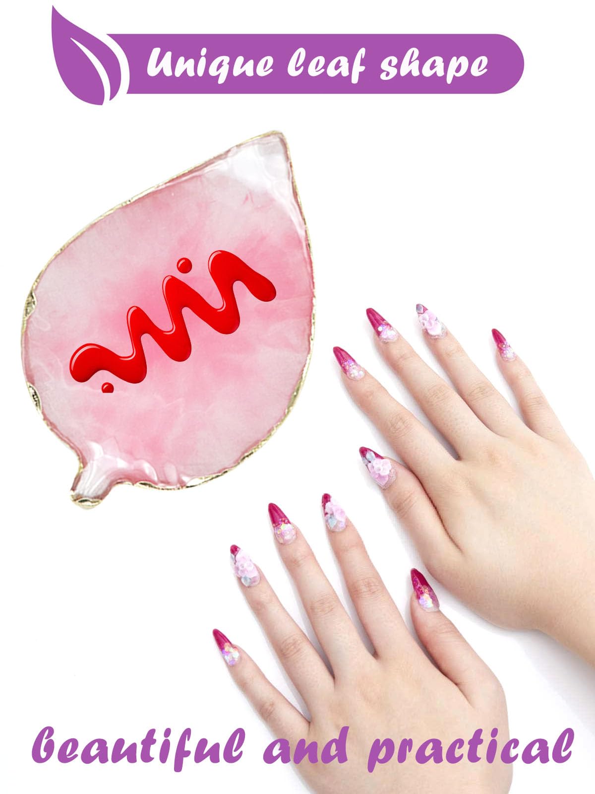 Resin Nail Art Palette,Leaf Design Nail Painting Polish Palette Color Mixing Makeup Tools Gel Polish Tray Cosmetic Mixing Tools Makeup Display Board(White&Pink)
