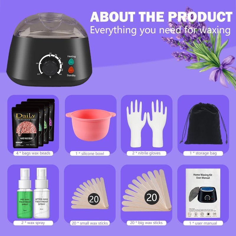 Hard Wax Warmer Kit for Sensitive Skin - Fast Heating Professional Hair Removal Kit with Silicone Liner, BPA-Free, At-Home Full Body Waxing Kit for Women, Face, Bikini & Legs (BLACK)