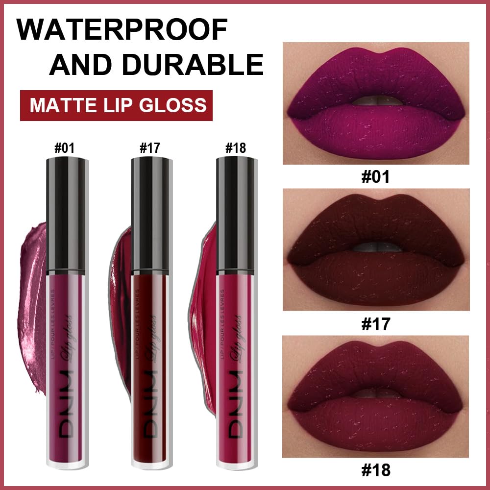 Matte Liquid Lipstick Set - 3 Pcs Dark Red & Purple Plum Shades | Long-Lasting Waterproof Lip Stain
