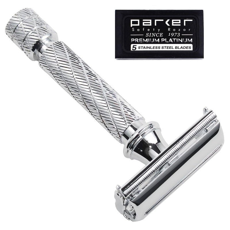 Parker 87R Compact Butterfly Safety Razor – Short Handle Twist-to-Open Brass Frame with Textured Grip for Precision Wet Shaving