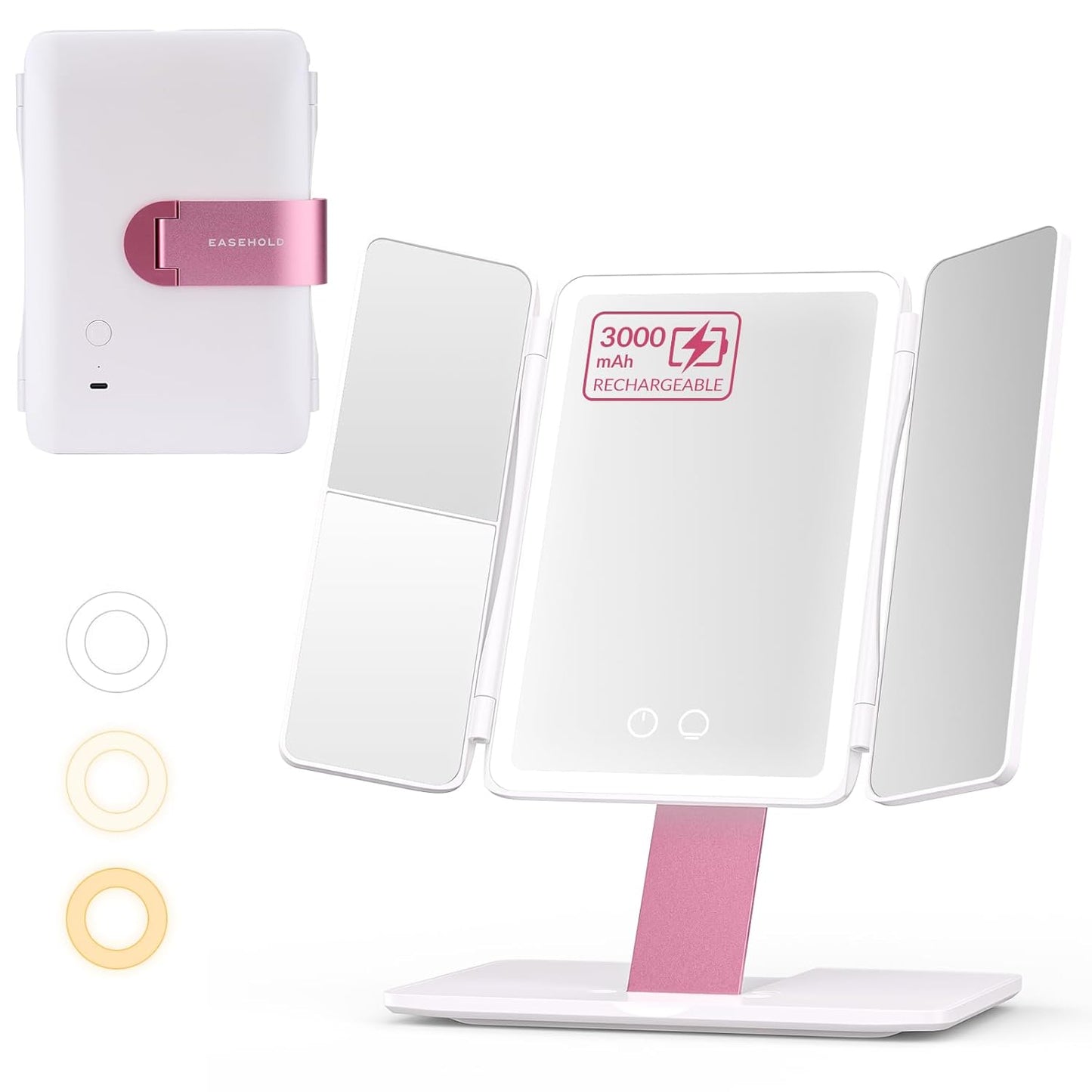 Rechargeable Trifold Lighted Makeup Mirror - 1X/2X/3X Magnification, 3 Color LED Lights | Foldable Vanity Mirror for Travel & Home