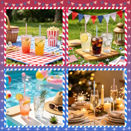 50 Reusable Red White Blue Striped Straws - Patriotic Party Supplies