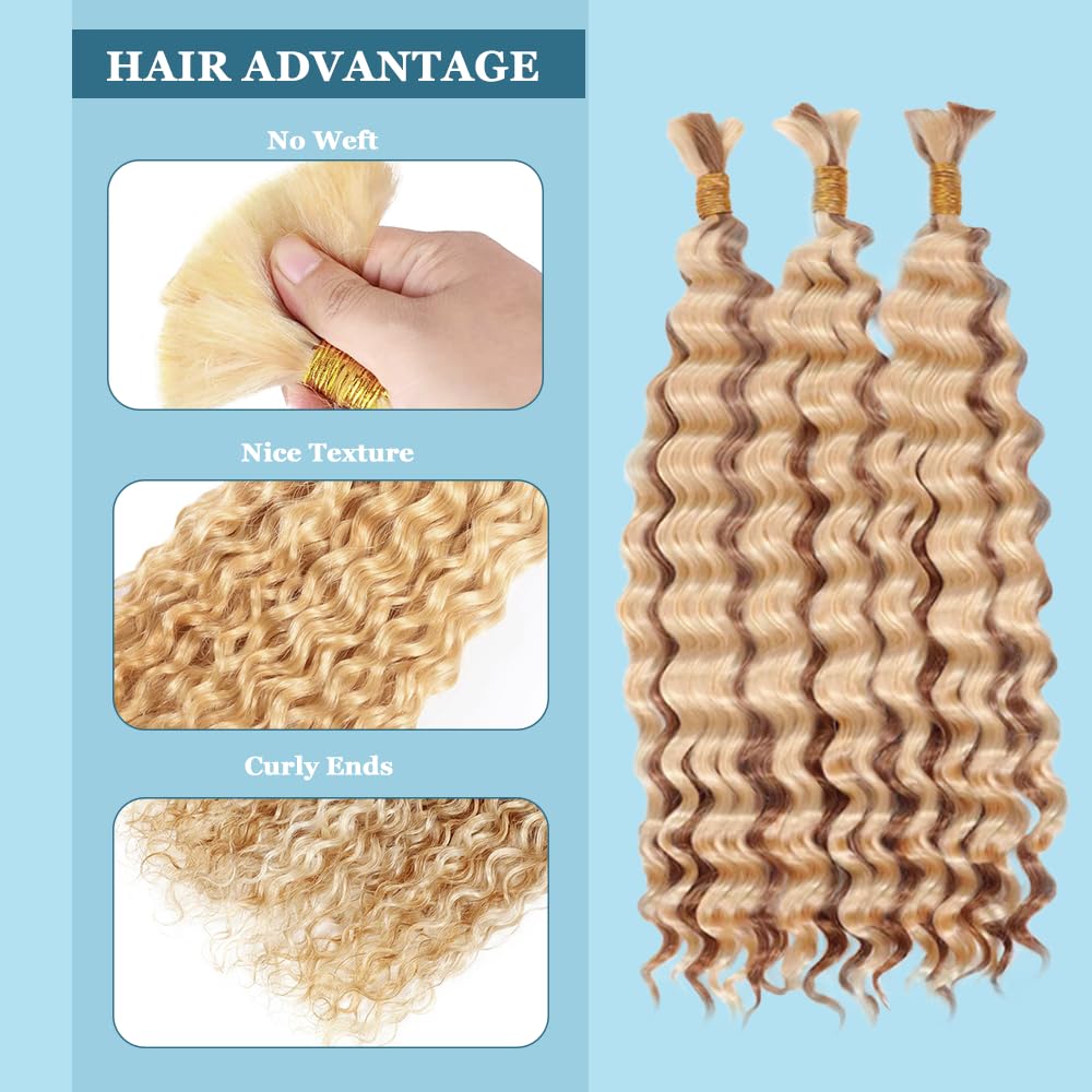613 Human Braiding Hair 28 28 28 inch 150g Honey Blonde Deep Wave Bulk Human Hair for Braiding No Weft 3 Braids Per Pack 27 Mixed With 613 Color
