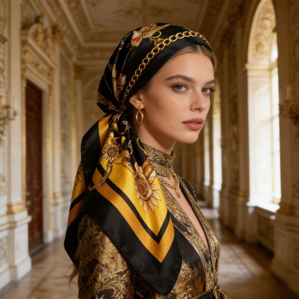 1-Piece Women's Large Satin Square Scarf, Oversized Silk Feel Head Wrap for Styling, Versatile Shawl and Neck Scarf for Daily Wear(Black Gold)