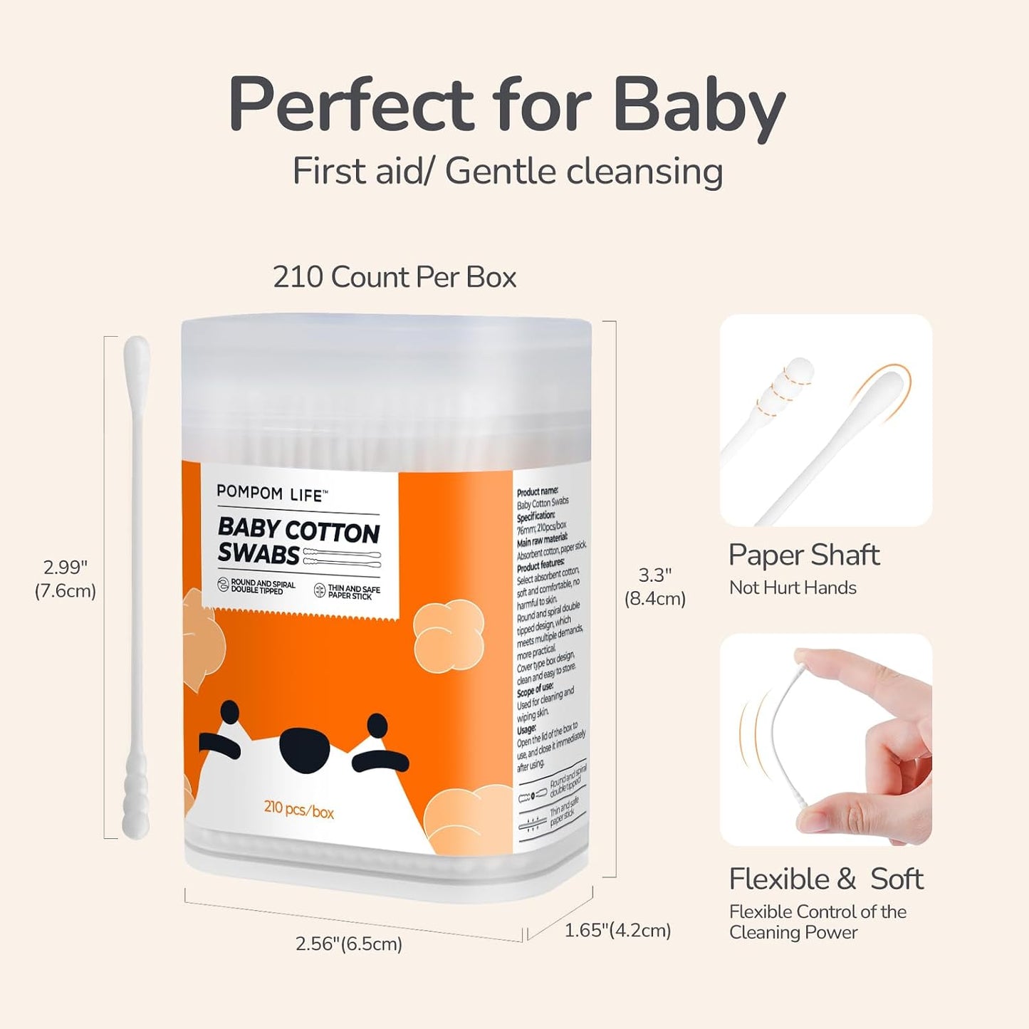 Baby Cotton Swabs - 210 Count Biodegradable Organic Cotton Buds | Safe Tips for Ear & Nose Hygiene