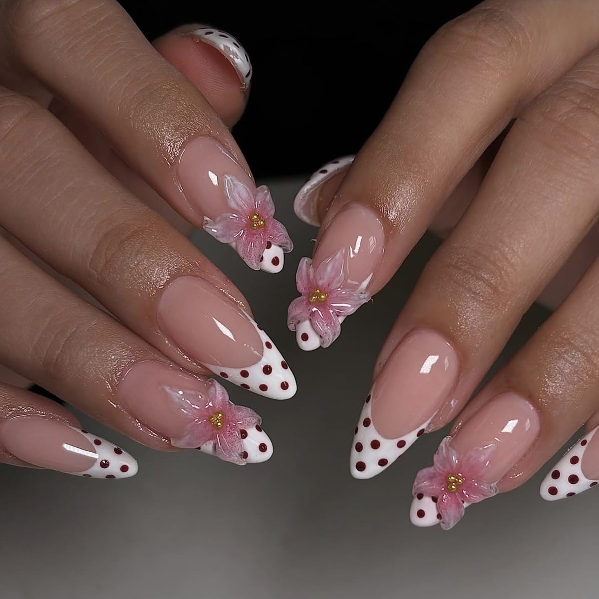 French Tip Almond Press-On Nails - Cat's Eye Acrylic with 3D Charms | 24 Pcs Set