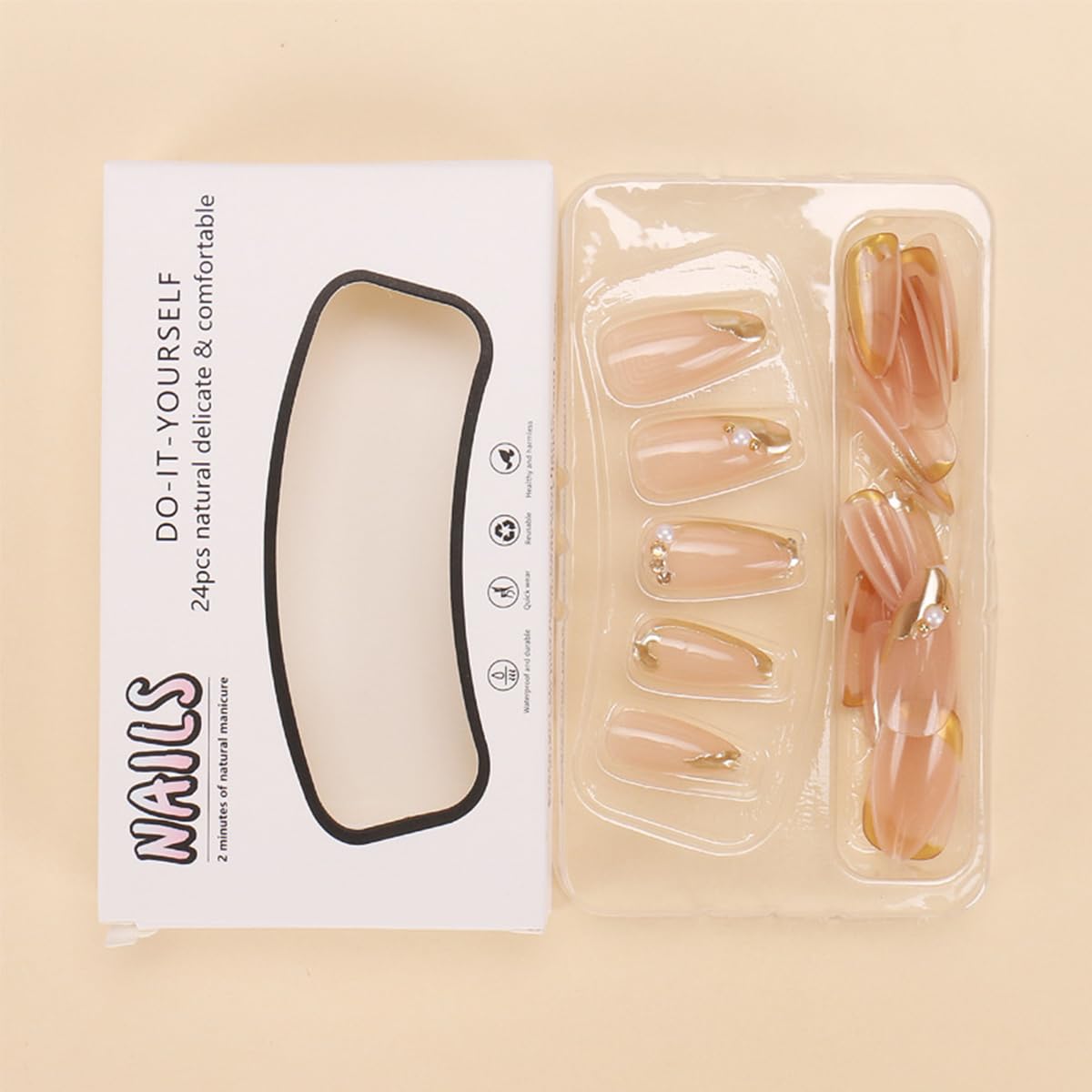 LRKNNO Almond Press On Nails Medium Fake Nails with 3D Pearl Designs Gold French Tip Nails Press Ons Reusable Acrylic False Nails Kit Nude Glossy Full Cover Stick on Nails for Women Manicure 24Pcs